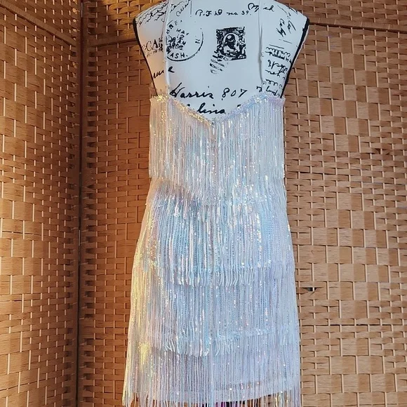 Elegant White Fringe Mini Dress - Picture 3 of 16